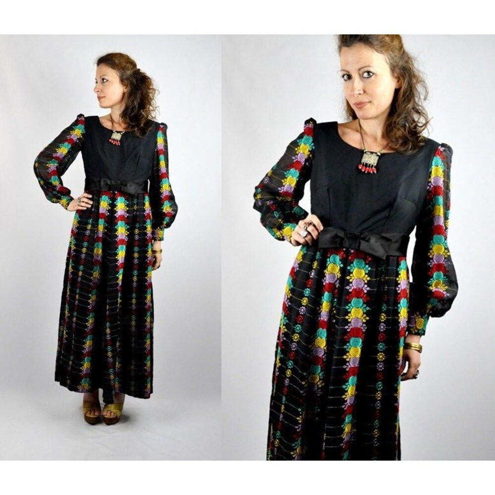 70s EMBROIDERED Mexican Maxi Dress - w/POET Sleeves - Gunne Sax Style S - M
